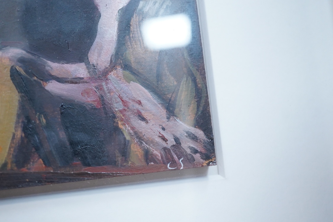 Charlotte Snook (contemporary), ‘His Gold Coat’, signed with initials, St Anne’s Gallery label verso, oil on board, 12 x 18cm